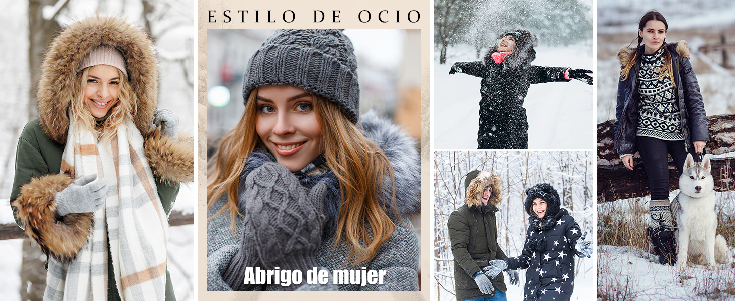de prendas de abrigo de invierno para mujer. Presenta abrigos, sombreros y bufandas en entornos nevados. Se ven los textos «Estilo de ocio» y «Abrigo