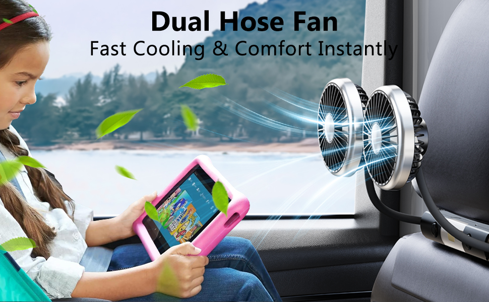 xuenair hose dual head fan for car backseat kids fast cooling in summer and comfort instantly