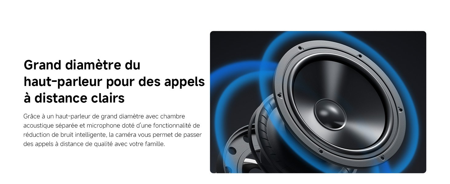 Le texte en français inclut « Grand diamètre du haut-parleur ». Images techniques rapprochées des composants des haut-parleurs et des mécanismes internes.
