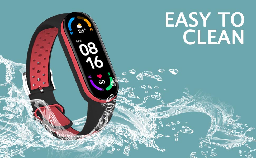 avec bracelet rouge et noir immergée dans l'eau. L'écran affiche l'heure 08:16. Superposition de texte : « FACILE À NETTOYER ». Des éclaboussures d'eau autour de l'appareil.