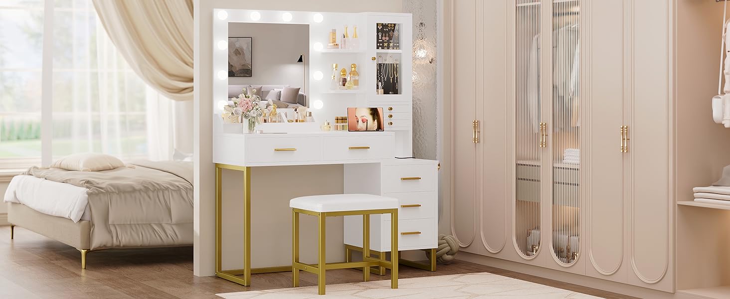 white and gold vanity