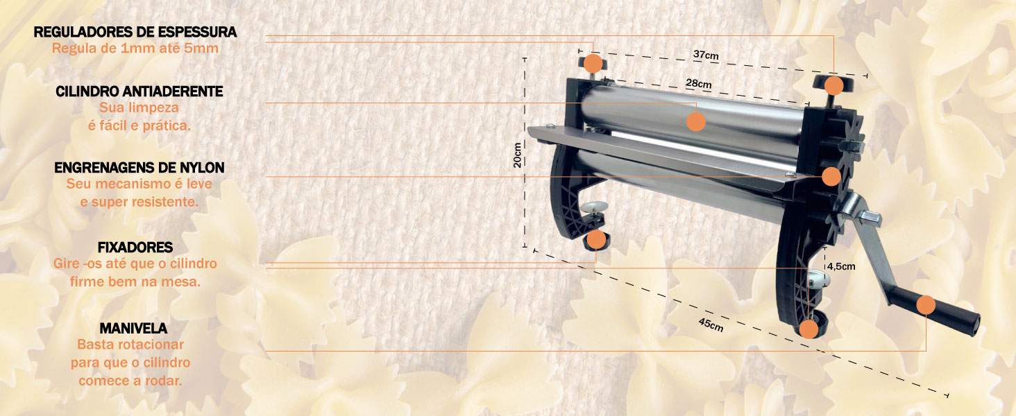 Cilindro de macarrão pastel lasanha Rolo Massas Artesanais Máquina Laminadora Esticador Espaguete