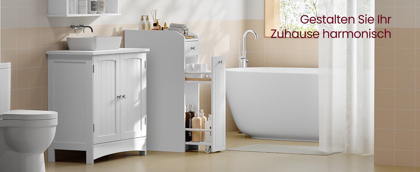 Modern fehér fürdőszoba szabadon álló káddal, fehér mosdóval és WC-vel. Bézs csempézett falak és minimalista tárolási megoldások teremtenek egy