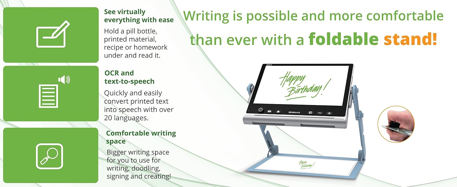 Zoomax Snow 12 Portable Video Magnifier with cleaning cloth