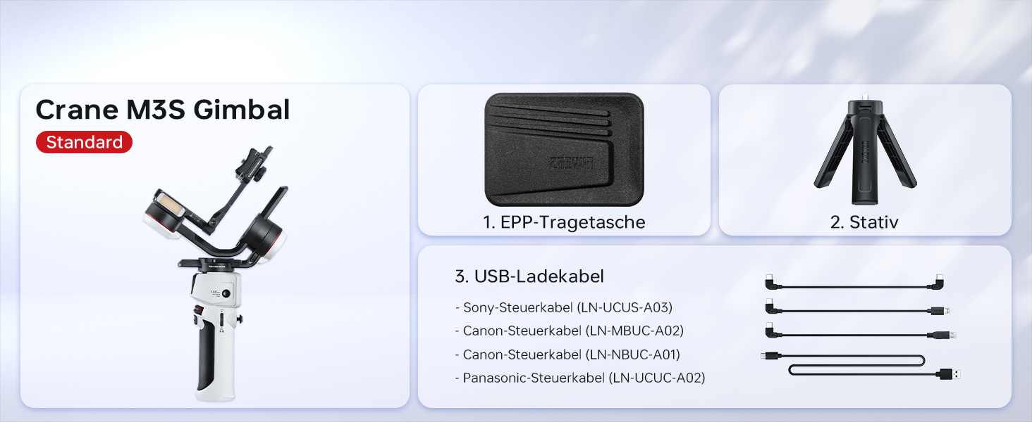 Produktlayout für den Kamera-Gimbalstabilisator mit Hauptgerät, Tragetasche und mehreren Kabeln mit technischen Spezifikationen