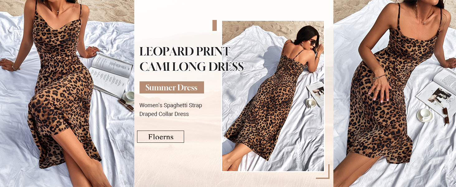 Floerns Women's Leopard Print Draped Collar Spaghetti Strap Cami Long Dress