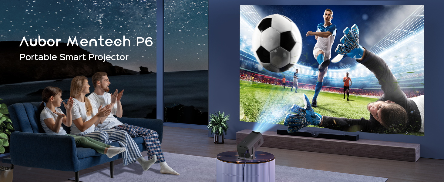 Diagram showing the projector's features: 180° adjustable stand, 300 ANSI lumens, Built-in Android 11.0, WiFi6 (2.4G/5G), Bluetooth 5.2, 4K support, 150 inch max screen, Native 1080P, Auto & 4P/4D Keystone, and mini size.