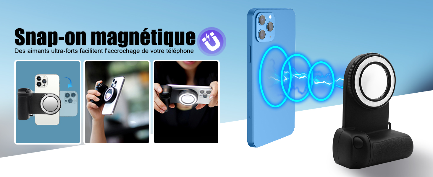 indiquant les étapes d'installation et la position finale de montage avec des composants magnétiques circulaires bleus.