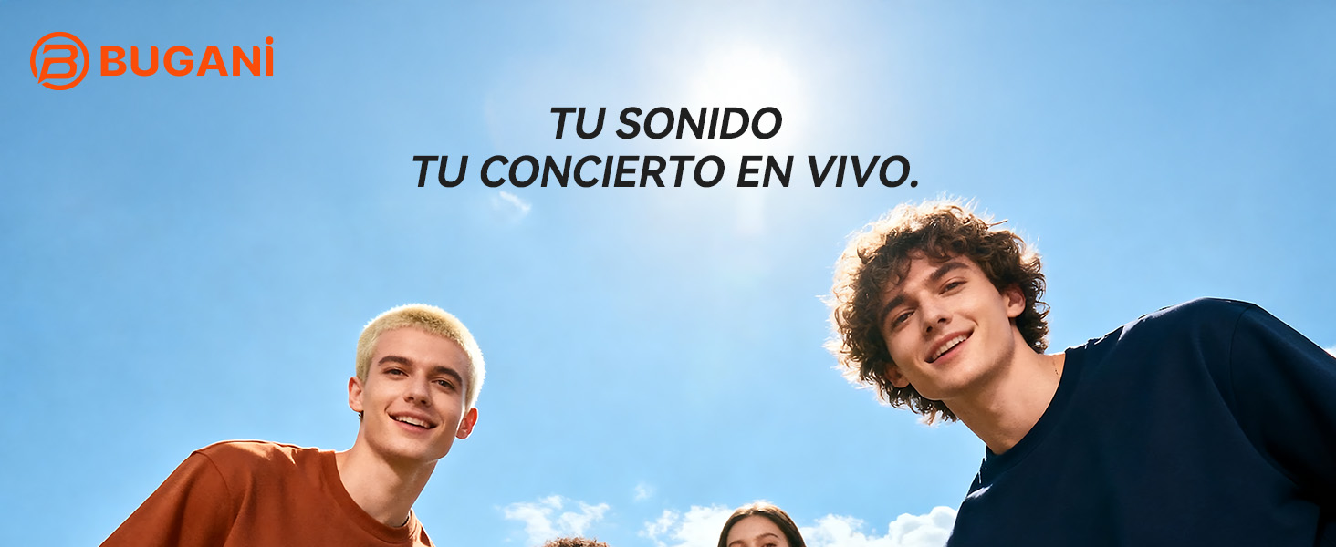 El texto dice «TU SONIDO TU CONCIERTO EN VIVO.» y «@BUCANI». Cartel publicitario que muestra el escenario de una actuación musical con iluminación de concierto.