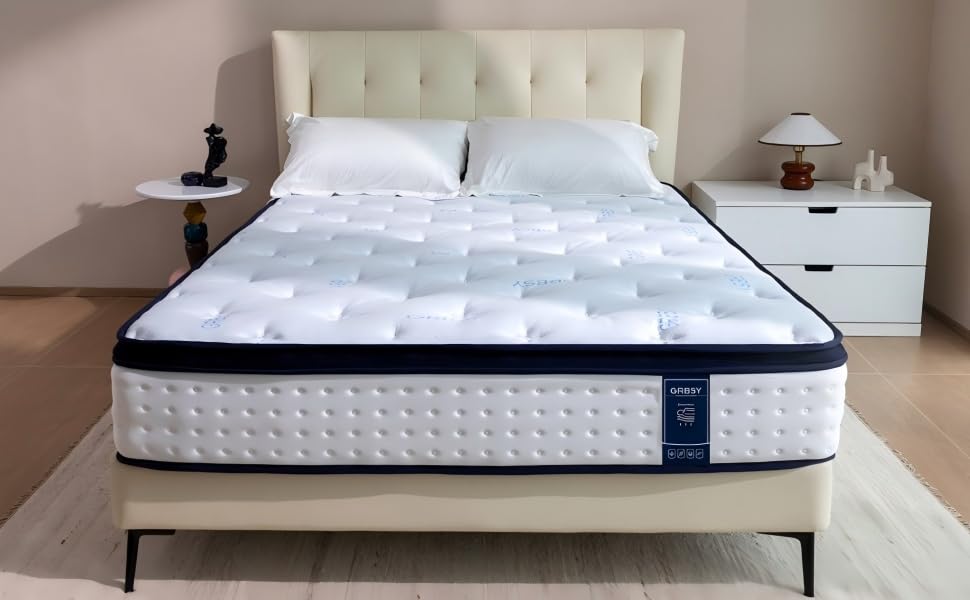 Progression of mattress images showing a white quilted mattress with navy blue border trim from various angles in a bedroom setting.