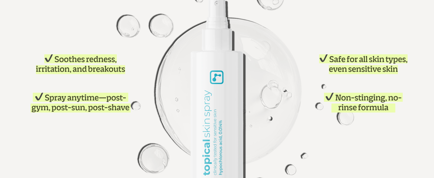 Soothe redness, irritation, breakouts. Spray anytime, post gym, post sun, post shave. All skin types