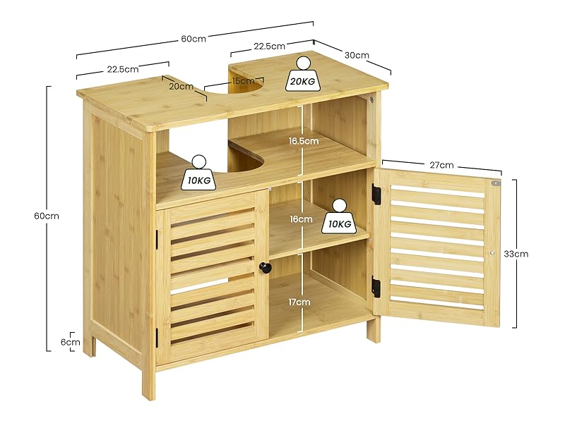 Wooden bathroom storage cabinet with slatted doors, multiple shelves, and detailed dimensions shown in technical drawing.