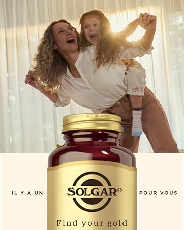 Le texte indique « SOLGAR » et « Find your gold ». Publicité de produit montrant une bouteille de supplément à bouchon doré sur fond blanc avec des images dynamiques de style de vie.