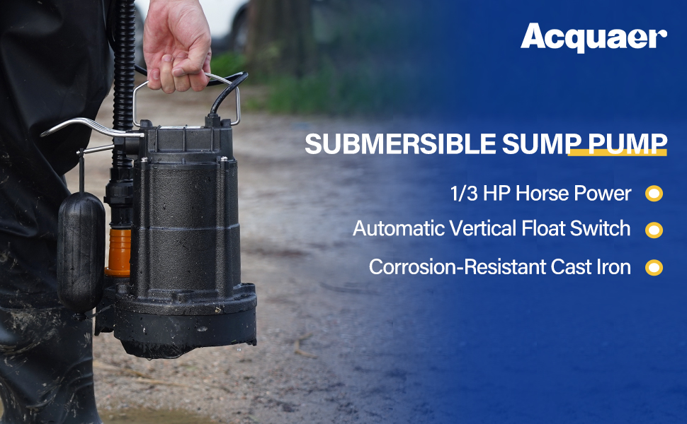 Acquaer 1/3 HP Submersible Sewage/Effluent Pump,3680 GPH Cast Iron Sump
