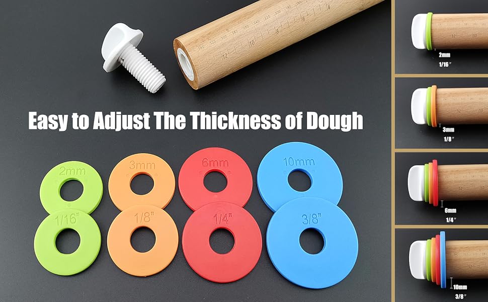 Wood Adjustable Rolling Pin Removable Rings for Baking