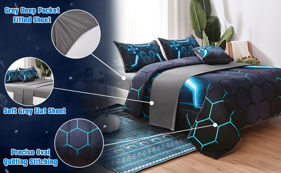 Keyroal 6Pcs Game Console Comforter Set with Sheets for Boys Girls Kids
