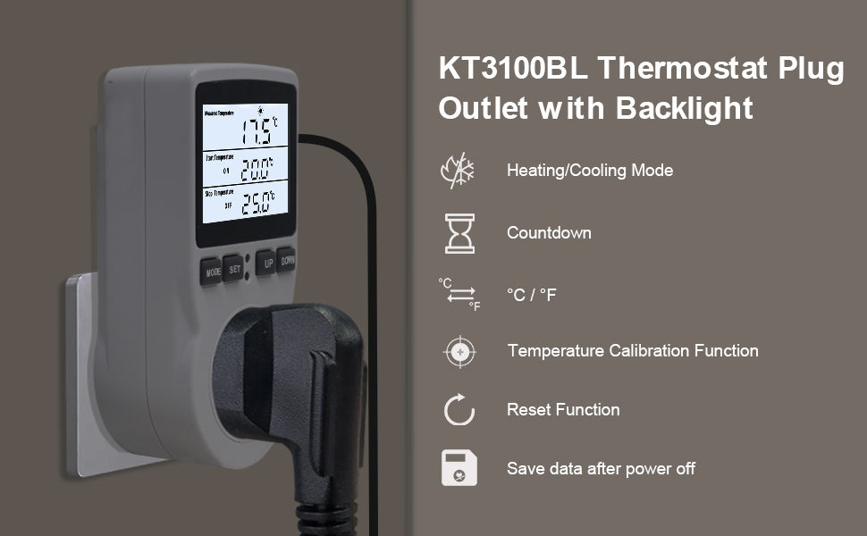 Digital Temperature Controller Thermostat Outlet Plug 120V Backlight Heating Cooling Control 110V