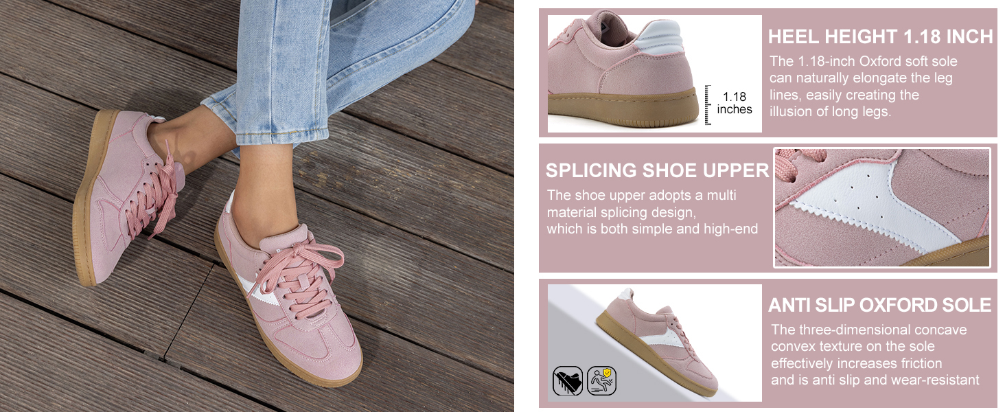 El texto dice «ALTURA DEL TALÓN: 1,18 PULGADAS» y «SPLICING SHOE UPPER». Varias fotos muestran zapatillas deportivas rosas desde diferentes ángulos sobre una superficie de madera.