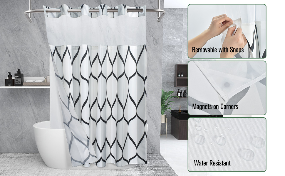 Yiatn No Hook Needed White Stall Shower Curtain with Snap