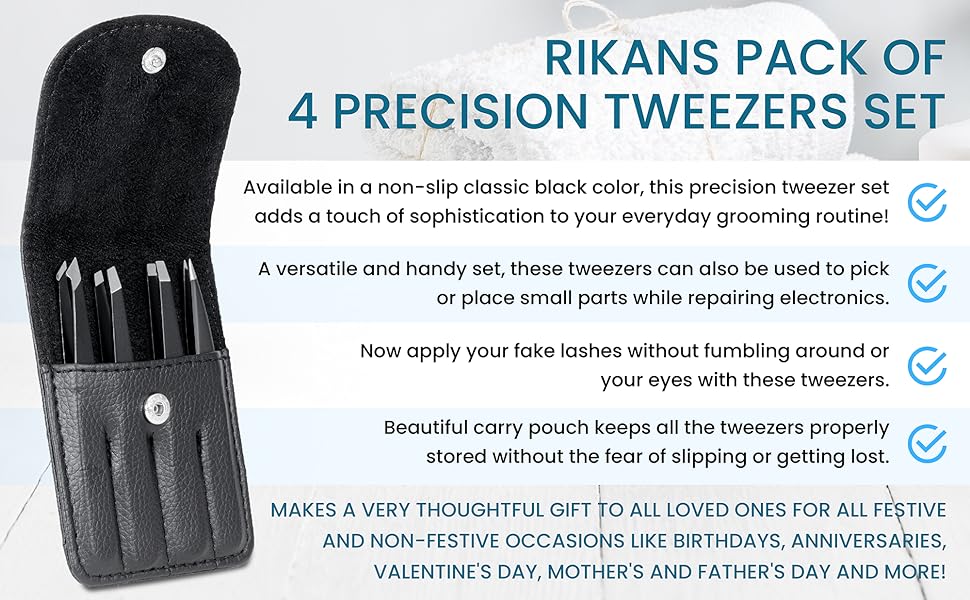 Rikans Precision Tweezers Set Pack of 4 Black