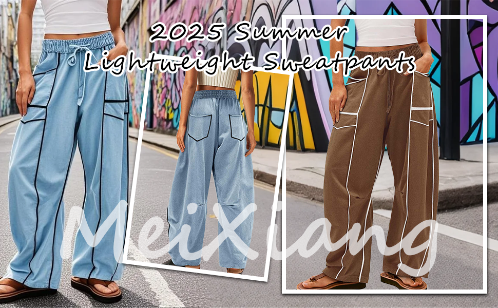 Barrel Sweatpants Women Lightweight Drawstring High Waisted Joggers Contrast Patchwork Wide Leg Pant