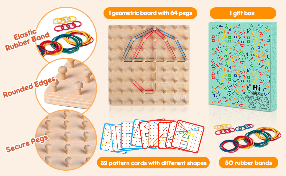 Japace Montessori Toys for 2 3 4 Year Olds, Wooden Geoboard Geometric