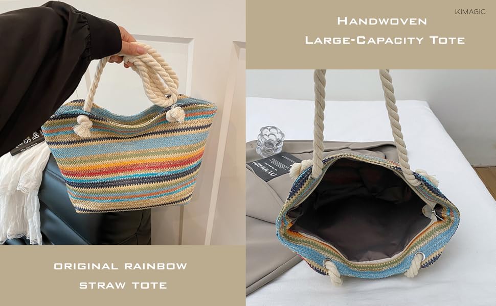 KIMAGIC Summer Rainbow Handwoven Straw Hobo Bag