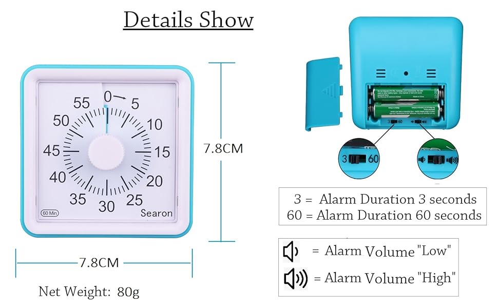 7.8CM Silent Visual Timer Kids 60 Minute Countdown Clock Optional Alarm (3S/60S) Loud/Low Soud