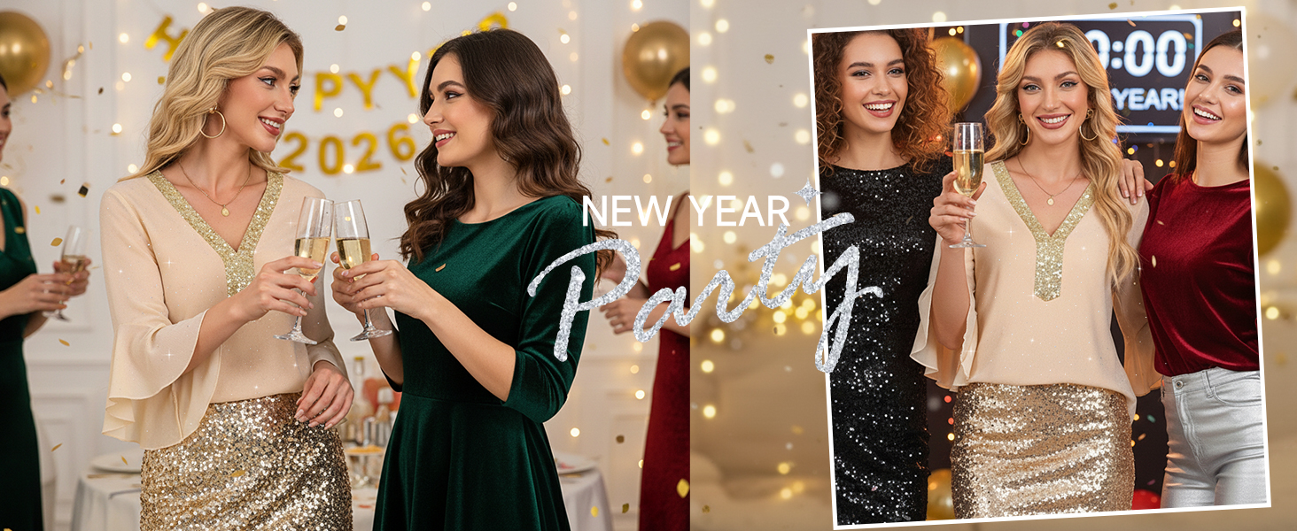 Timeson Women&#39;s Ruffle 3/4 Sleeve Sparkly Tops Sequin V Neck Blouses Dressy Fall Shirts