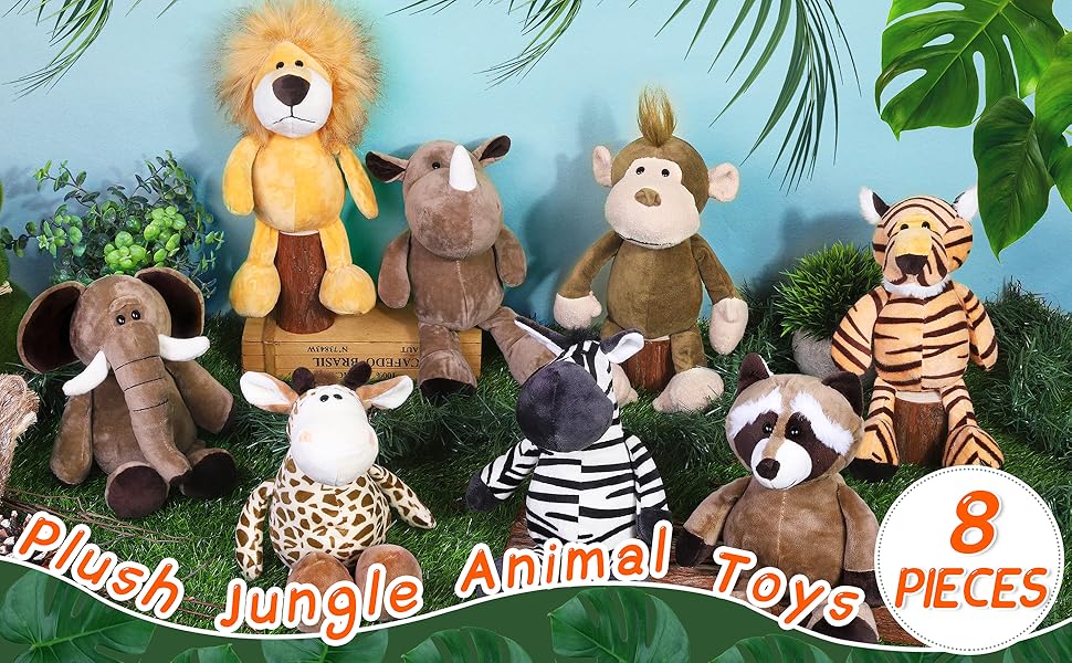Elcoho 8 Pieces Safari Stuffed Animals Plush Jungle Animal