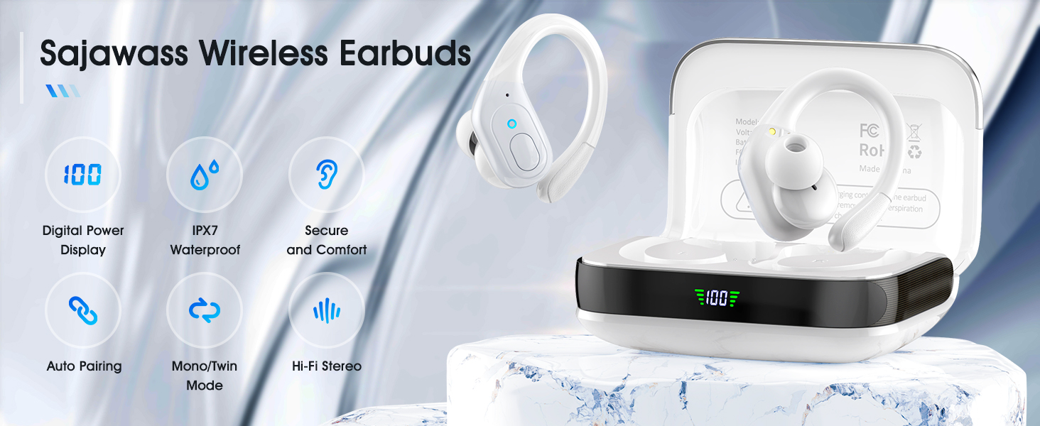 Bluetooth Headphones Wireless Earbuds with 75Hrs Playback, LED Display Charging Case, IPX7 Waterproof, Over-Ear Design Ear Buds for Sports/Running/Workout - White 2 31