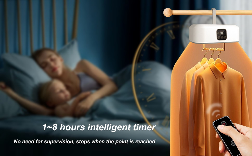 Dispositivo intelligente per asciugare i vestiti con funzione timer, con alloggiamento bianco montato sopra gli indumenti appesi, con telecomando e impostazione intelligente del timer da 1 a 8 ore
