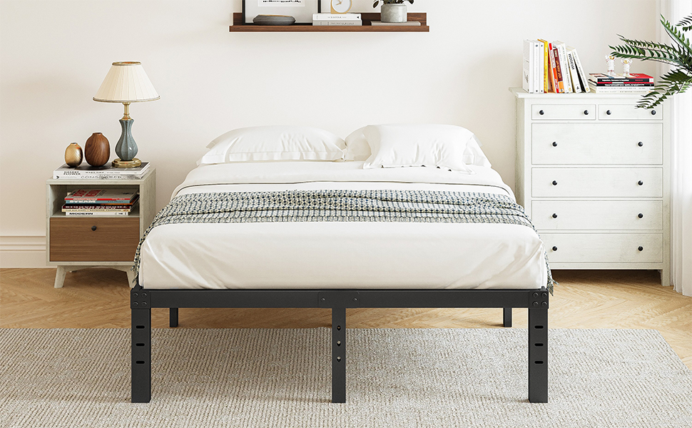 Breezehome Full Bed Frame with Wide Wood Slats / 14 Inch Tall Heavy Duty Meta