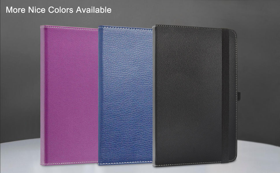 Drei Tablet- oder E-Reader-Hüllen in lila, blau und schwarz. Strukturiertes, lederähnliches Außenmaterial mit elastischem Verschlussband. Der obige Text zeigt an, dass mehr Farben verfügbar