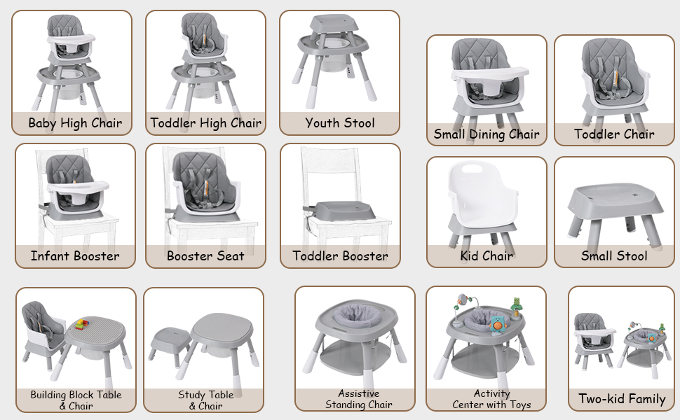 Our multifunctional high chair can be easily converted into 15 different modes.