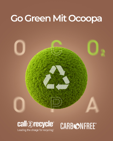 Der Text lautet „Go Green Mit CooSpa“. Marketingbilder, die ein grünes, kreisförmiges Scheuerpad mit Recycling-Symbol und „CARBONEUTRAL“ -Text zeigen.