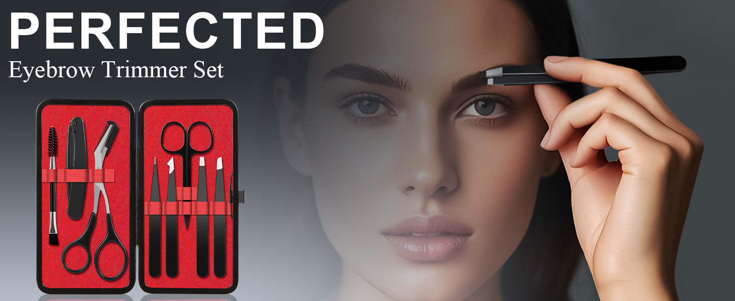 Eyebrow trimmer set with multiple grooming tools in red case. Hand demonstrates use of small trimmer near eyebrow. Set includes scissors, tweezers, and various small grooming instruments.