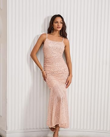 Elegant Sequin Prom Party Long Dress V-Neck Spaghetti Mermaid Bodycon Evebing Bridesmaid Dress
