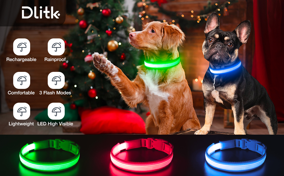 Light Up Dog Collar, Dlitk LED Dog Collar Rechargeable, Micro USB