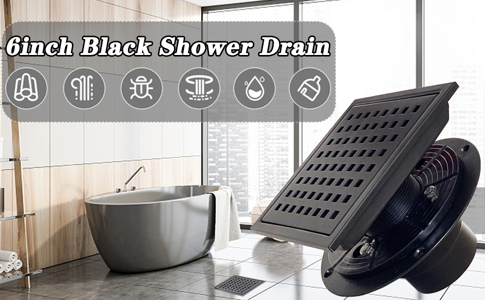 6 Inch Shower Drain Square Black, Shower Floor Drain Cover