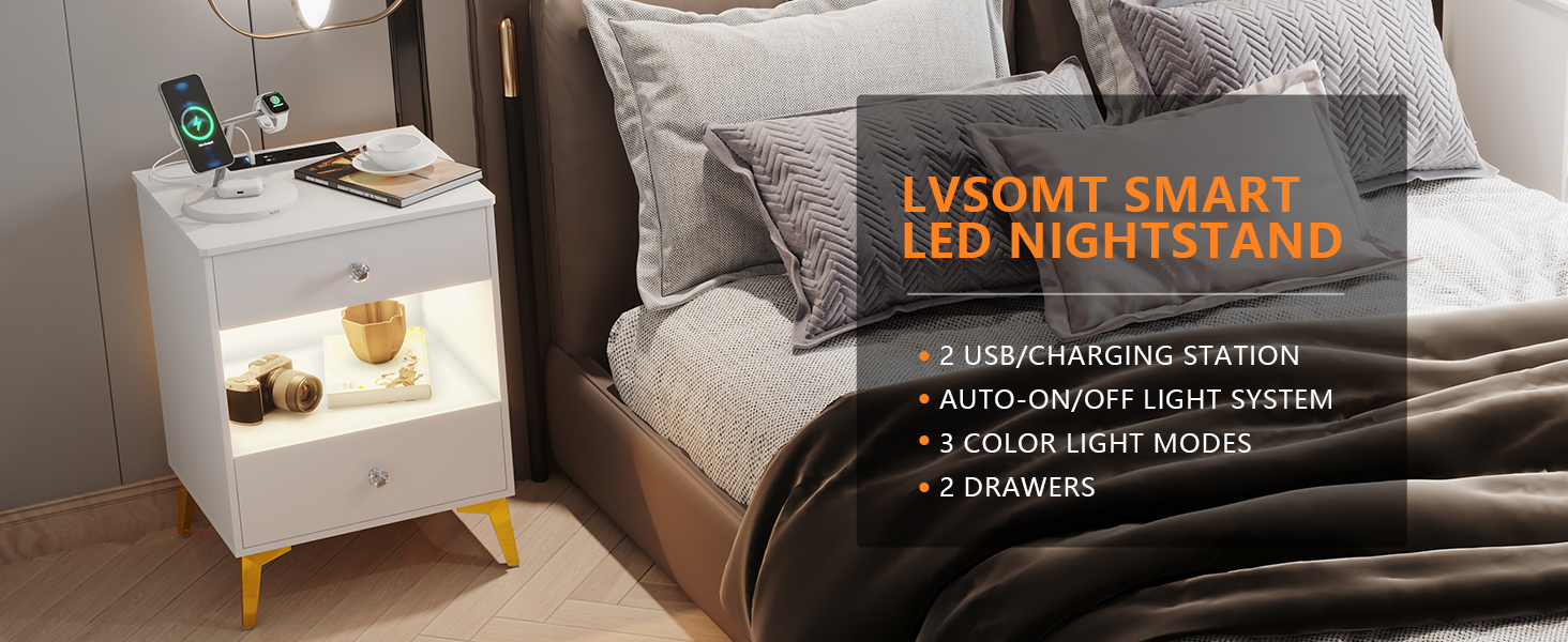 LVSOMT LED Nightstand with Charging Station, USB Port