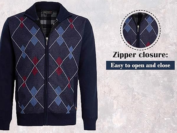 shelikes Mens Cardigan Diamond Pattern Check Fur Line Zip Up