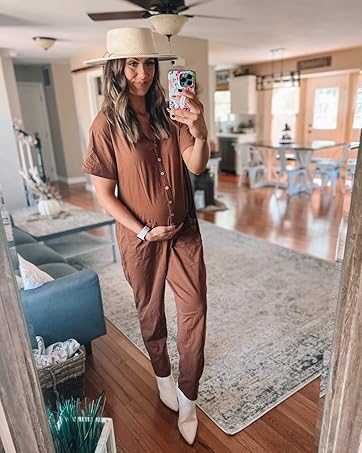 Oversize Pregnant Women's One Piece Button Up Jumpsuit Short Sleeve V Neck Onesies Maternity