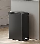 Rectangular black step trash can with a slim profile, positioned against a light-colored wall. Features a pedal for hands-free opening.