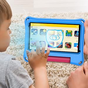 Child using a blue-framed tablet with protective case. Device displays colorful app icons. Child seated on white carpet, interacting with touchscreen.