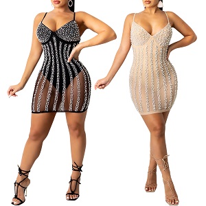 PORRCEY Women Sexy Rhinestone Dresses Party Club Night Dress Birthday Dress