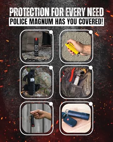 POLICE MAGNUM Compact Pepper Spray, Maximum Strength, 10-12 ft Range, Easy to Use