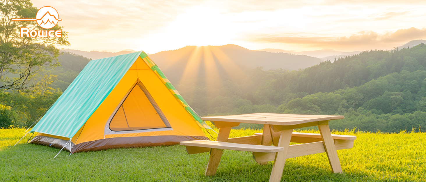 Yellow camping tent with green roof set up in a grassy field overlooking mountains at sunset. Wooden picnic table in foreground. Outdoor camping scene.