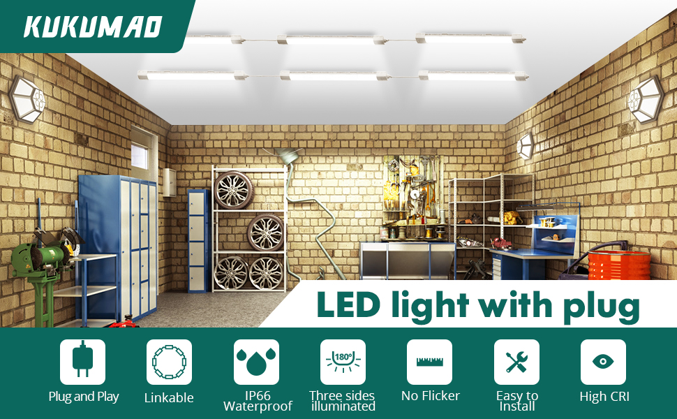 KUKUMAO LED Batten Light 2FT 18W with Plug,6000K 2000LM Linkable Light