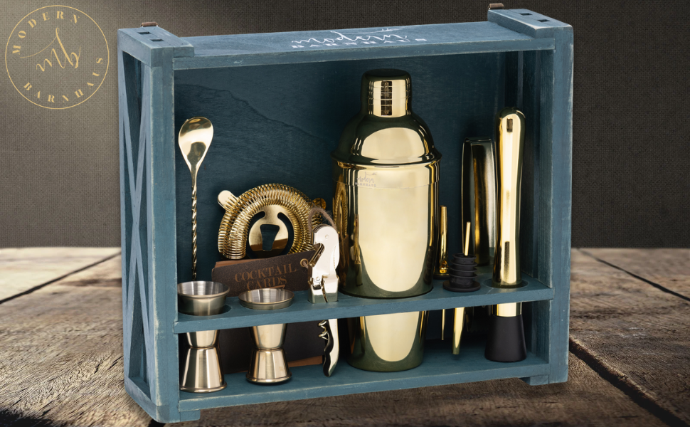 Premium 18pc Gold Bartender Set with Stand Home Bar